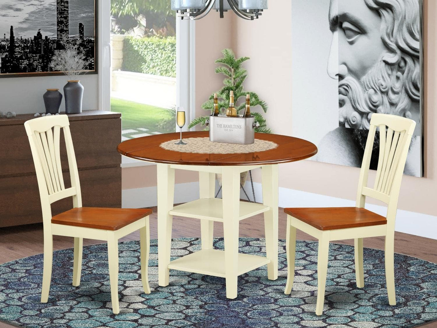 East West Furniture SUAV3-BMK-W 3 Piece Kitchen Table Set for Small Spaces Contains a Round Dining Table with Dropleaf & Shelves and 2 Dining Room Chairs, 42x42 Inch, Buttermilk & Cherry