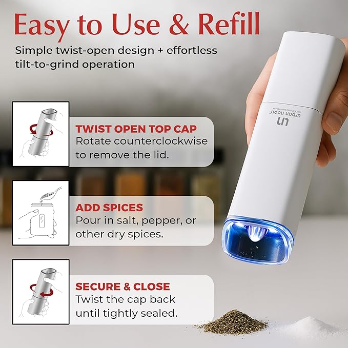 Automatic Salt and Pepper Grinder Set - Rechargeable Electric Salt and Pepper Shakers with Adjustable Coarseness, LED Light, One-Handed Use, Gravity Salt Grinder and Electric Pepper Mill