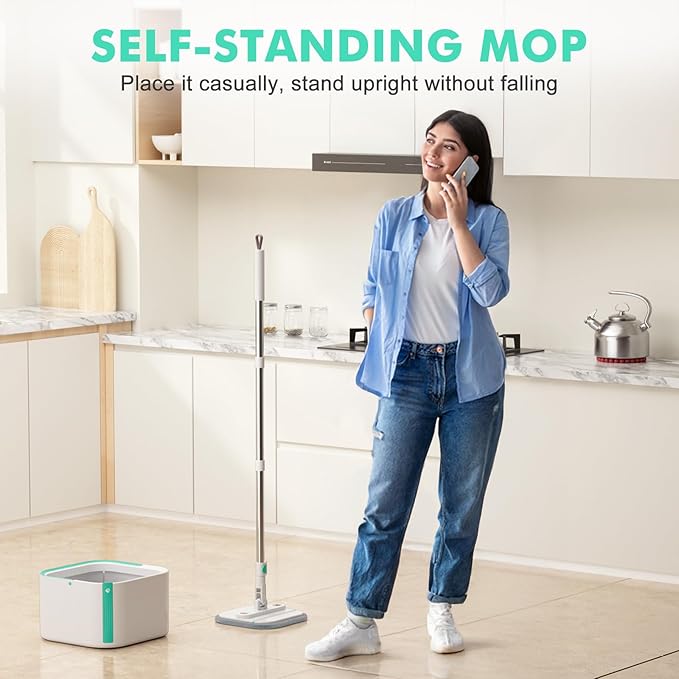 Upgraded Self-Standing Spin Mop and Bucket System, Detachable Inner Mop Bucket Separates Dirty Water & 90° Foldable Head, Triple-Scrub System, 0.9Gal Dual Drainage, for Hardwood Floors (Blue 6 Pads)