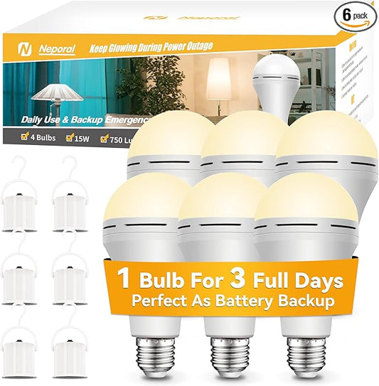 Neporal LITE PRO Battery Backup Light Bulbs, 2600mAh Rechargeable Light Bulbs, Perfect As Emergency Lights for Home Power Failure, Hurricane Prepareness Item, E26/E27