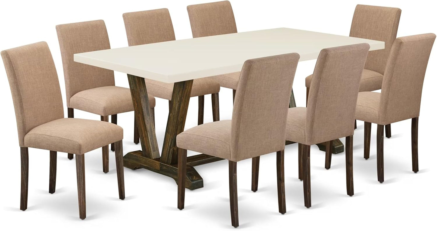 East West Furniture V727AB747-9 9 Piece Dining Table Set Includes a Rectangle Dining Room Table with V-Legs and 8 Light Sable Linen Fabric Upholstered Chairs, 40x72 Inch, Multi-Color