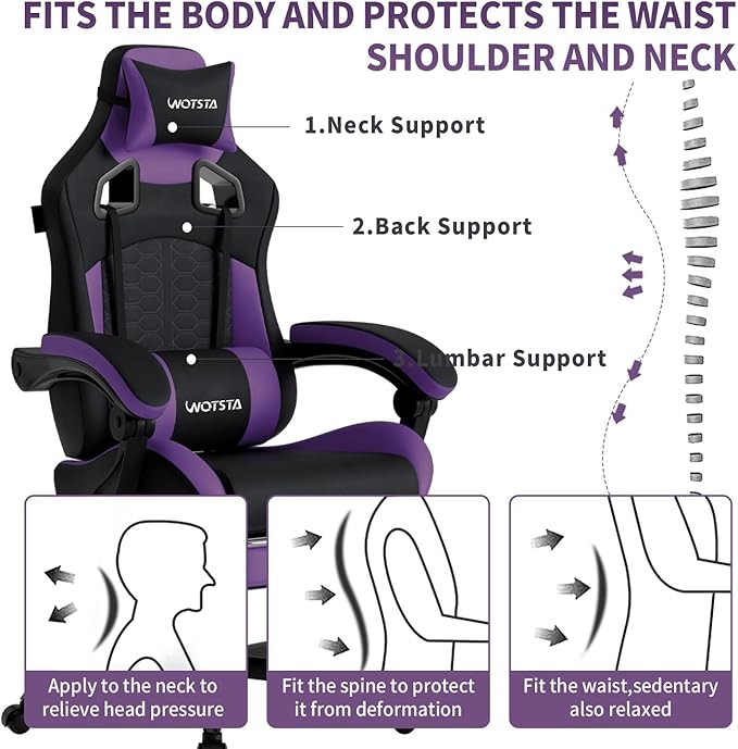 Gaming Chair with Massage,Ergonomic PC Gaming Chair with Footrest Comfortable Headrest and Lumbar Support,High Back Game Chair PVC Leather,300LBS (BlackPurple)