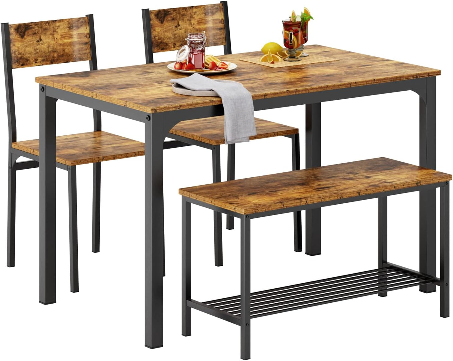 SogesHome 4-Piece Kitchen Table and 2 Chairs for 4 with Bench, Dining Table Set for Small Space, Apartment, Living-Room, Restaurant, Vintage Brown
