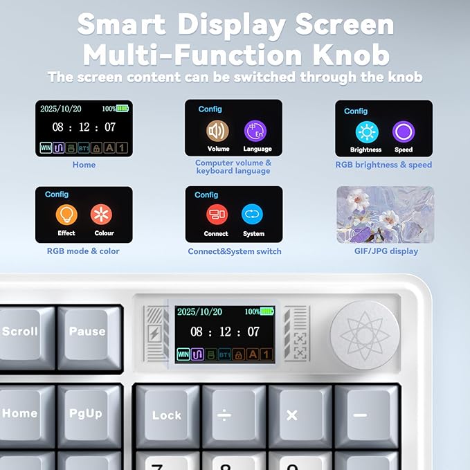 LINGBAO K108 Pro Wireless Mechanical Keyboard with Screen & Knob, Full Size Creamy Keyboard with Number Pad, 10000mAh Battery, PBT Keycaps, RGB Backlit, Hot-swappable Gaming Keyboards