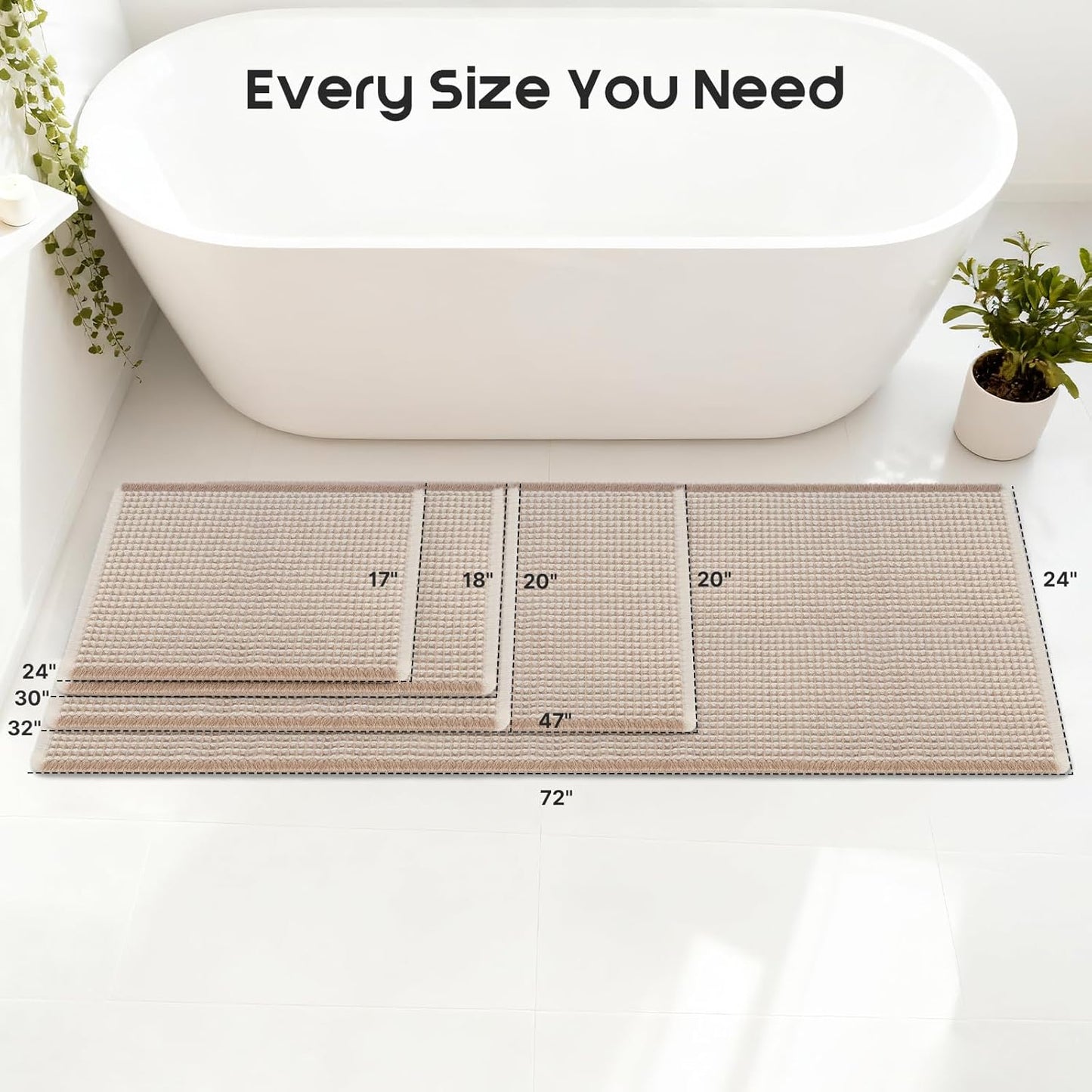 ArtyCozy Waffle Bath Mat, Super Absorbent Soft Non-Slip Boho Bath Rugs with Flat-Woven Hot Glue Backing for Bathroom, Machine Washable Bath Mats, 17" × 24", Brown & White