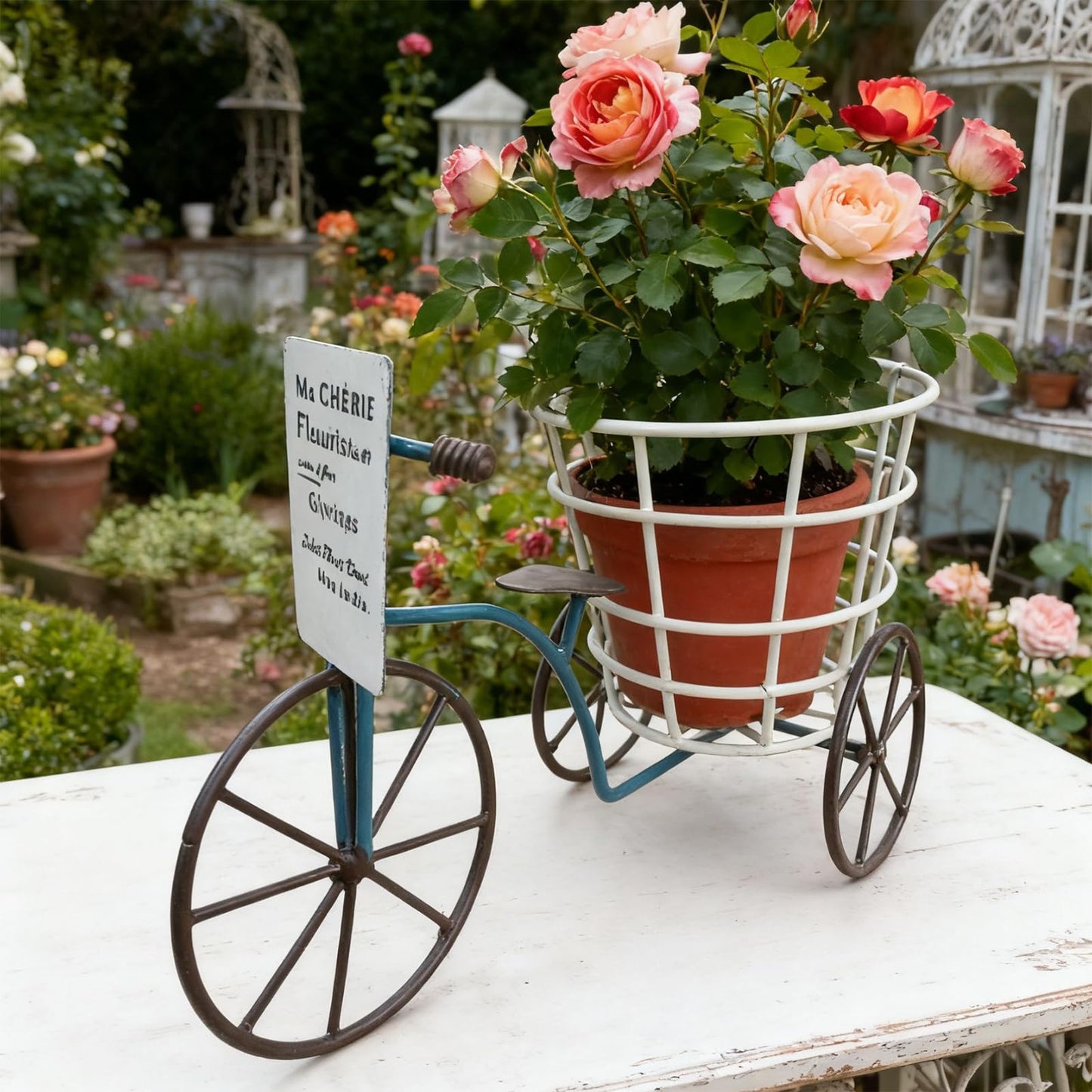 JAMIEKA Beautiful Iron Tricycle Flower Pot Holder Container with Deep Basket for Living Room Indoor Outdoor Garden Decoration