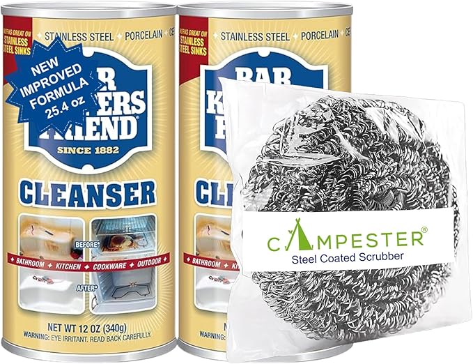 Campester Stainless Steel Coated Scourer for Bar-Keeper's Scouring Powder Cleanser 12 oz (2 Pack) - 3 Pieces. Rust, Stain & Mineral Removal for Kitchen, Bathroom & Cookware