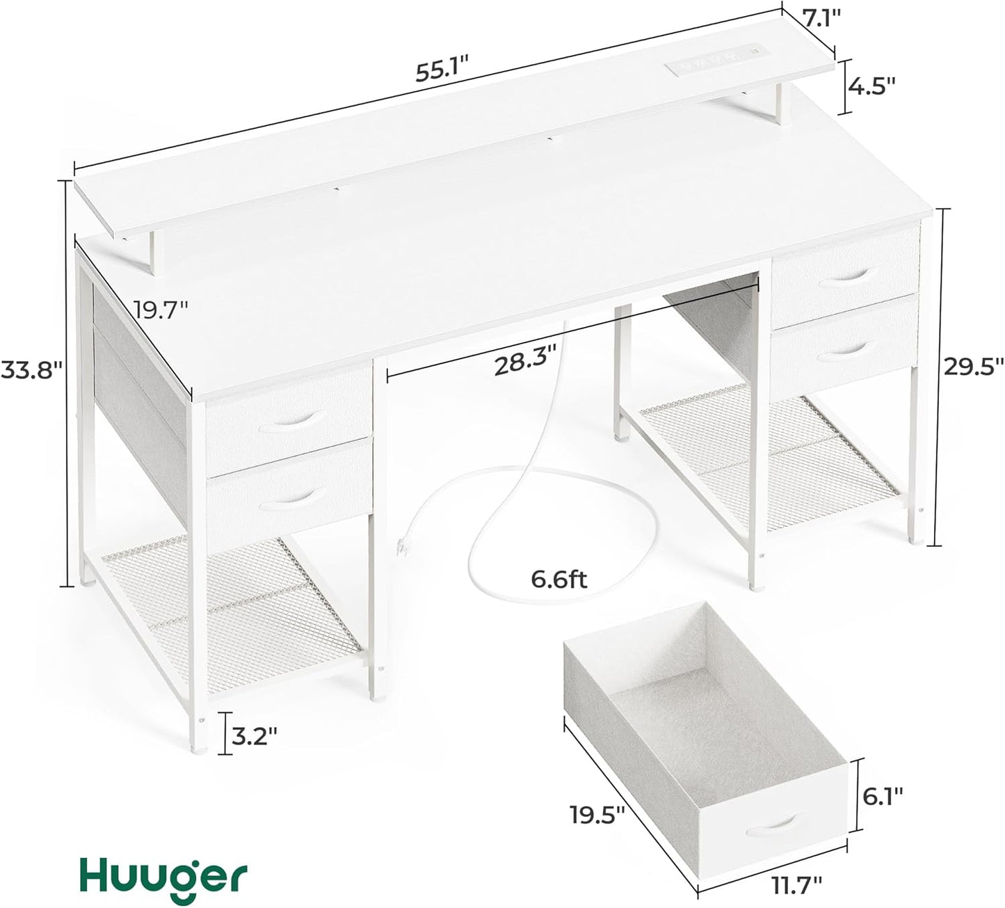Huuger 55 inch Computer Desk with 4 Drawers, Gaming Desk with LED Lights & Power Outlets, Home Office Desk with Large Storage Space for Bedroom, Work from Home, White
