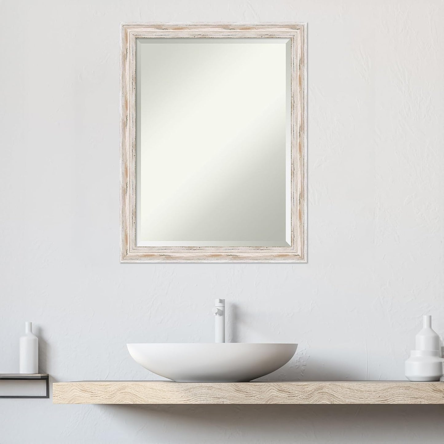 Amanti Art White Bathroom Mirror for Over Sink, 27x21 Alexandria White Wash Narrow Rectangle Vanity Mirror, Medium Cottage Wood Frame, Hangs Horizonally and Vertically, Bathroom Wall Decor, Beveled