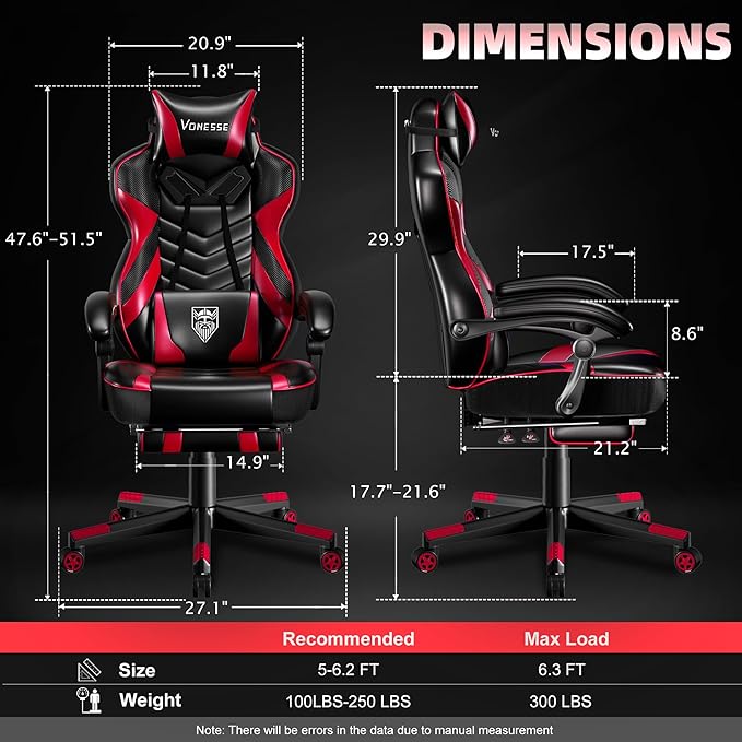 Vonesse Gaming Chair, Big and Tall Gaming Chair with Footrest and Massage, Gaming Chairs for Adults with Lumbar Support, Ergonomic High Back Computer Chair with Pocket Spring Cushion (Red/Black)