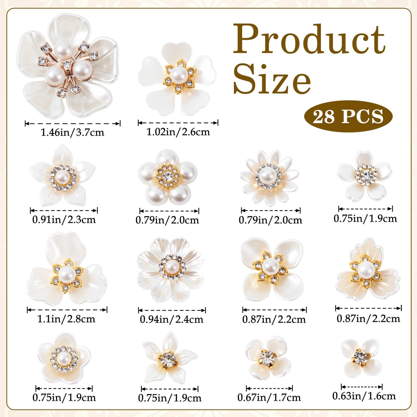 HINZIC 28pcs Flower Pearl Buttons Rhinestone Embellishments, Flatback Faux Pearls Flowers for Crafting, Sparkly Rhinestone Buttons Floral Pearl Applique for DIY Decor Wedding Jewelry - White