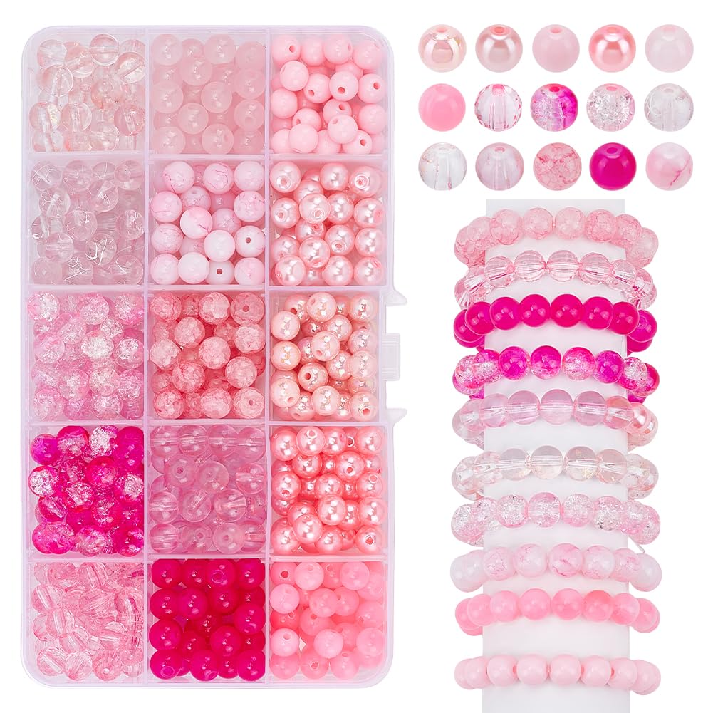 PH PandaHall 450pcs 8mm Pink Glass Beads, 15 Style Crackle Beads Baking Painted Bead Acrylic Loose Bead Spacers for Friendship Bracelets Necklaces Jewelry Making Mother's Day Wedding Birthday