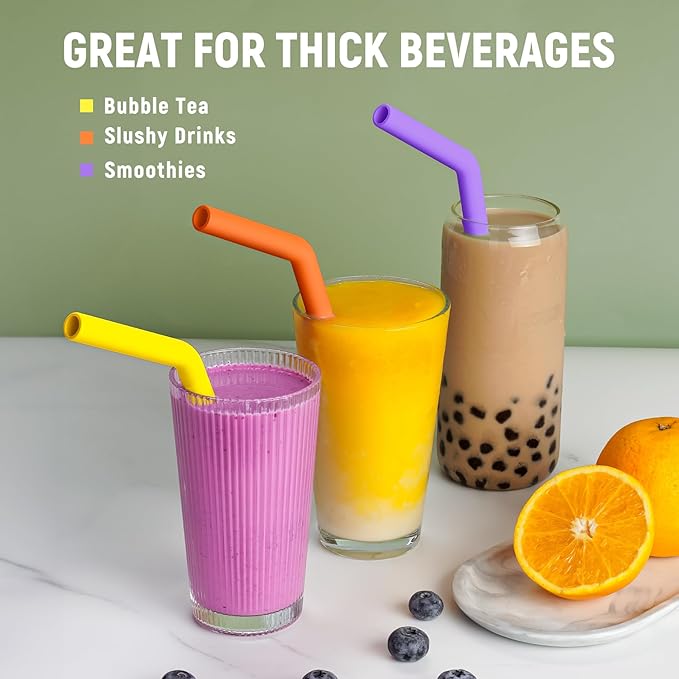 NiHome 6-Pack Extra Wide Bent Reusable Silicone Drinking Straws for Boba, Smoothies, Milkshakes, Dishwasher Safe with Cleaning Brush, BPA-Free and Soft for Kids, Trim-to-Fit Design (Neon Colors)