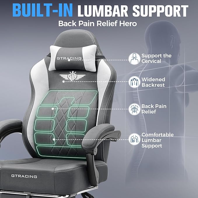 GTPLAYER Big and Tall Gaming Chair Breathable Fabric Computer Chair with Strong Lumbar Support, Comfortable Office Chairs with Pocket Spring Cushion, High Back Ergonomic Desk Chairs with Footrest