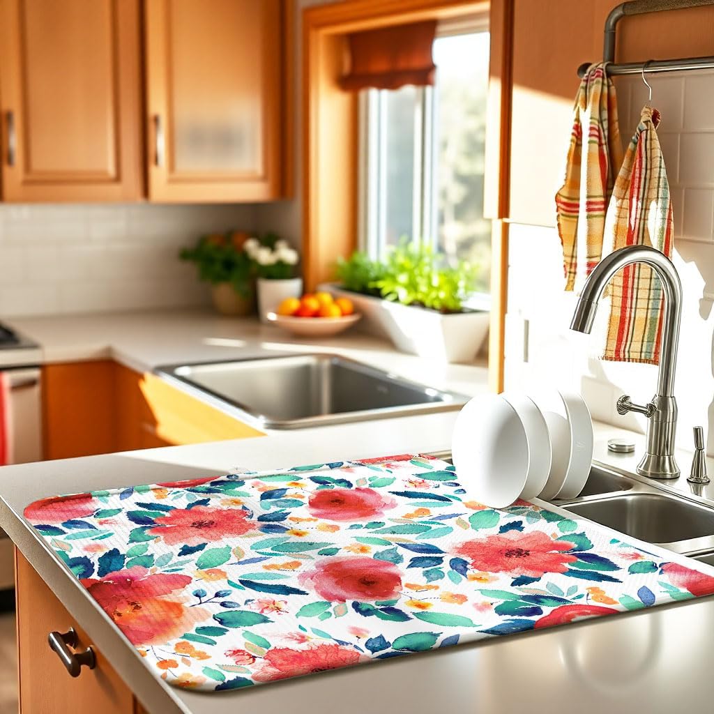 Spring Red Floral Large Dish Drying Mats, Reversible Dish Drying Pads for Kitchen Counter Foldable and Stored in a Drawer,18"x24" Extra Large Draining Mat Protect for Kitchen,Bar Counter,Coffee Make
