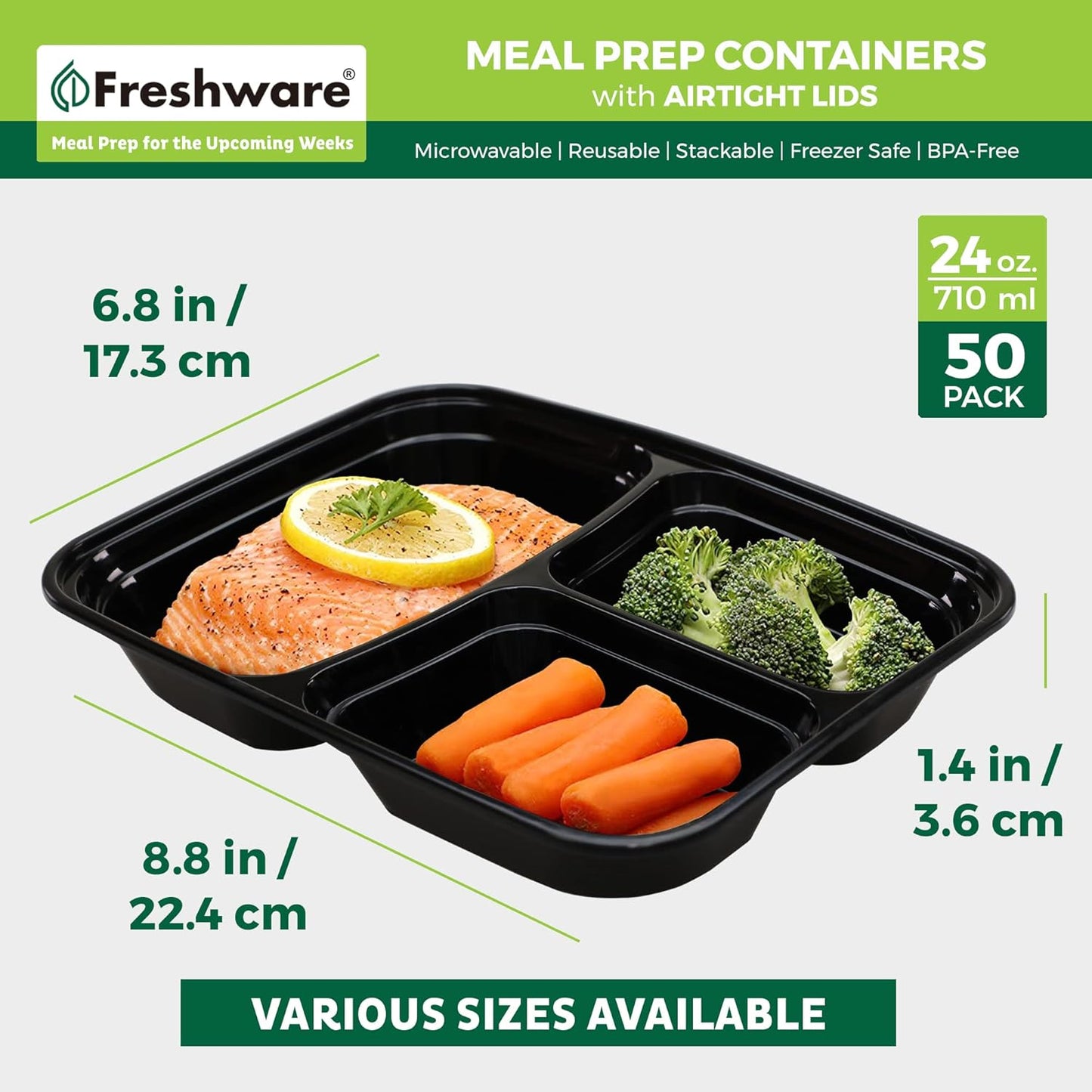 Freshware Meal Prep Containers [50 Pack] 3 Compartment Food Storage Containers with Lids, Bento Box, BPA Free, Stackable, Microwave/Dishwasher/Freezer Safe (24 oz) (Pack of 6)