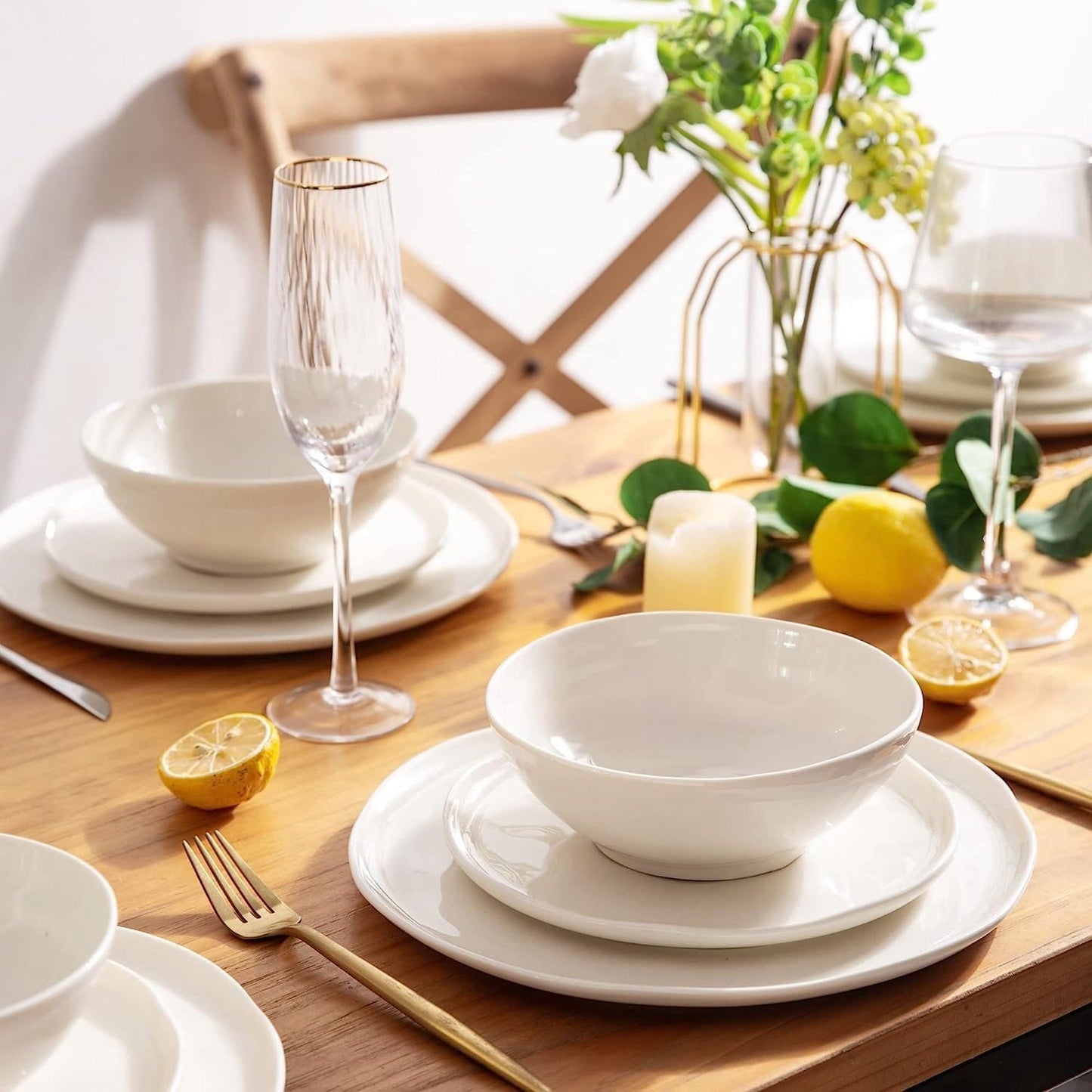 LERATIO Ceramic Dinnerware Sets for 4,Porcelain Plates and Bowls Sets with Wavy Edge,Microwave & Dishwasher & Oven Safe,Light Weight & Scratch Resistant Dishes Sets-Service for 4 (12pcs)