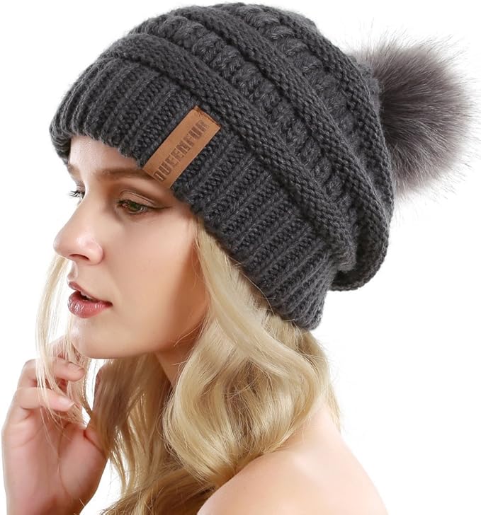 QUEENFUR Women Knit Slouchy Beanie Chunky Baggy Hat with Faux Fur Pompom Winter Soft Warm Ski Cap