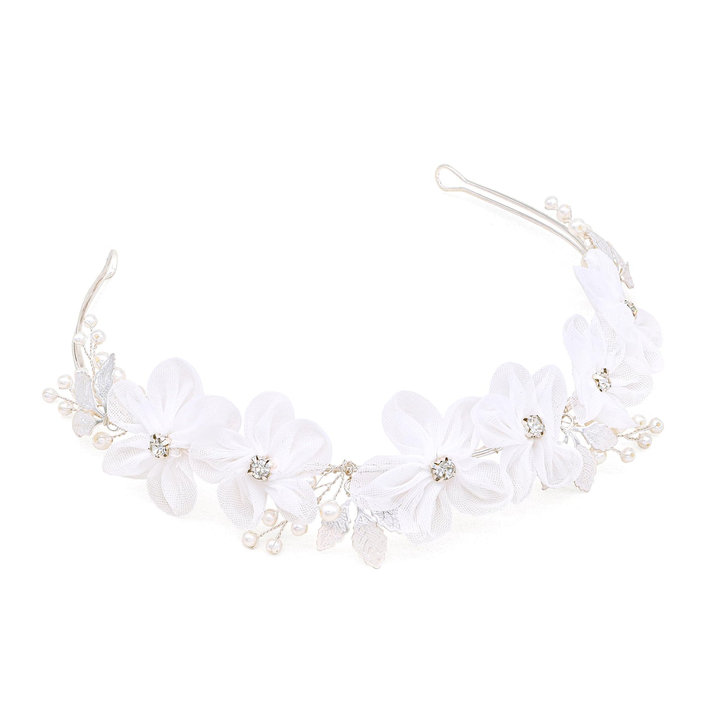Oriamour Tulle Flower Headband, Flower Girl Headpiece, Pearl Silver, Wedding Hair Accessories, Tiara for Birthday, Party, First Communion