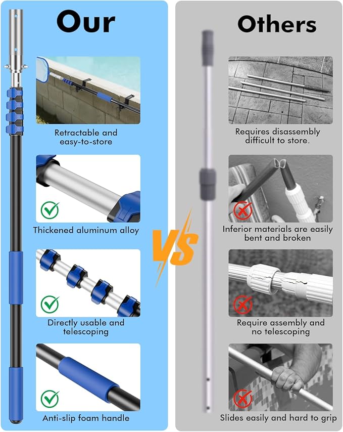 Pool Pole Telescopic 20FT Heavy Duty Upgraded Aluminum, 20 Ft Extension/Extendable Telescoping Tool for Above Ground/Inground Swimming Cleaning Supplies Accessories, Leaf Skimmer/Brush/Net/Vacuum/Mesh