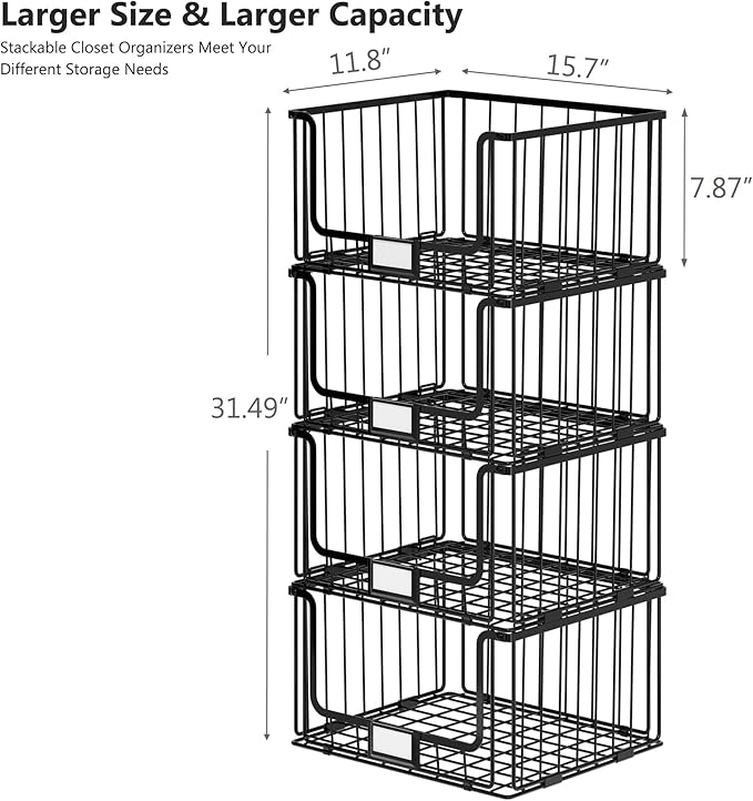 4-Tier Stackable Closet Organizers and Storage, Clothes Shelf Organizer, Foldable Wire Basket Bins, Sweater Storage for Closet and Pantry,11.8" D x 15.7" W, Black
