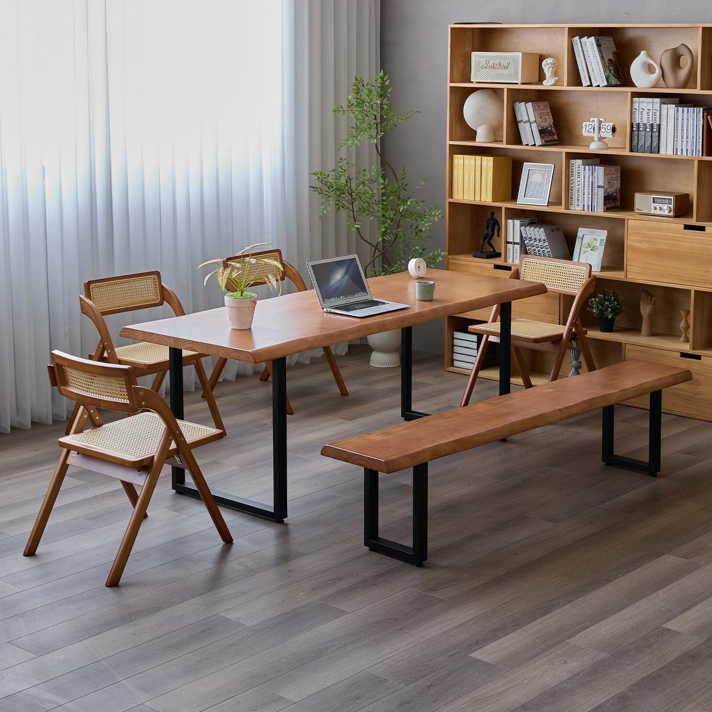 Stylish Brown Wooden Long Bench with Sturdy Metal Legs – Versatile Seating for Office, Restaurant, Living Room, and Meeting Room(Brown Bench, 55.12in)