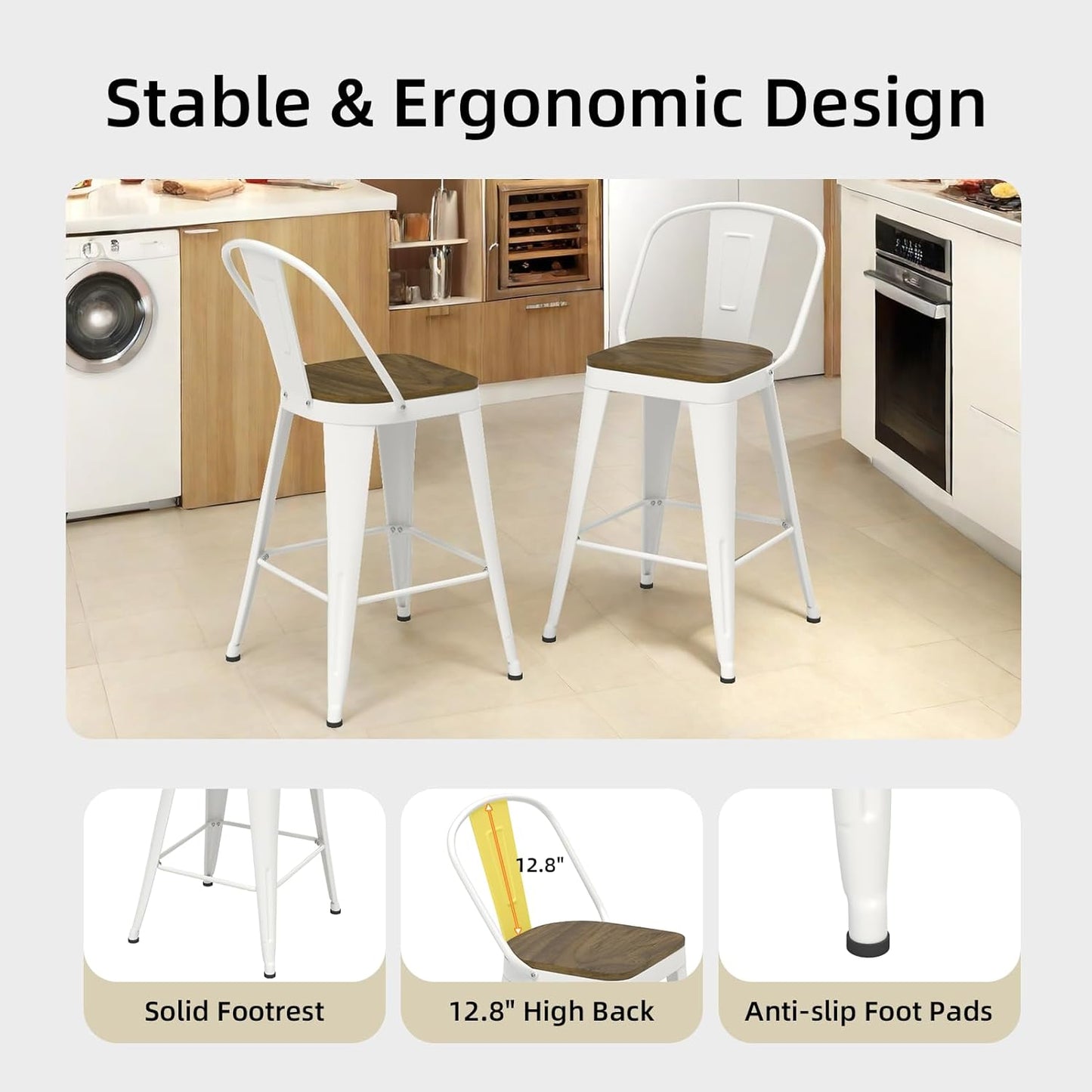 Metal Bar Stools Set of 4, High Back Bar Stools with Wooden Seat, 30 inch White Barstools for Kitchen Island