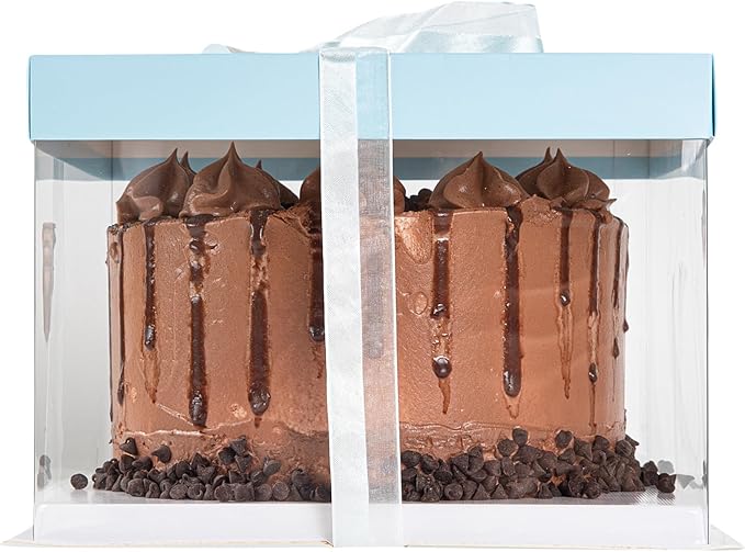 Restaurantware Sweet Vision 8.5 Inch x 6.75 Inch Transparent Cake Boxes, 10 Grease Resistant Base Clear Cake Boxes - Blue Lid, Blue Ribbon, Plastic Birthday Cake Boxes, For Weddings Or Birthdays