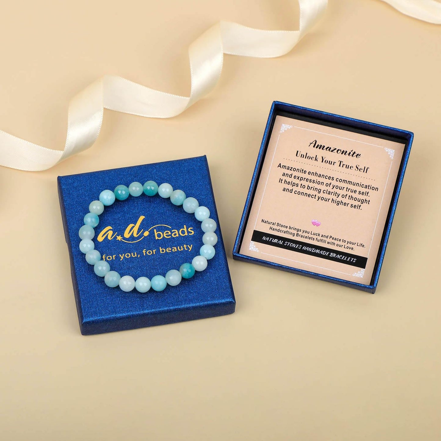 AD Beads Handmade Gemstone Stretch Elastic Bracelet Crystal Healing Reiki Nature's Beauty and Spiritual Essence Unisex (6mm, Amazonite (Unlock Your True Self))