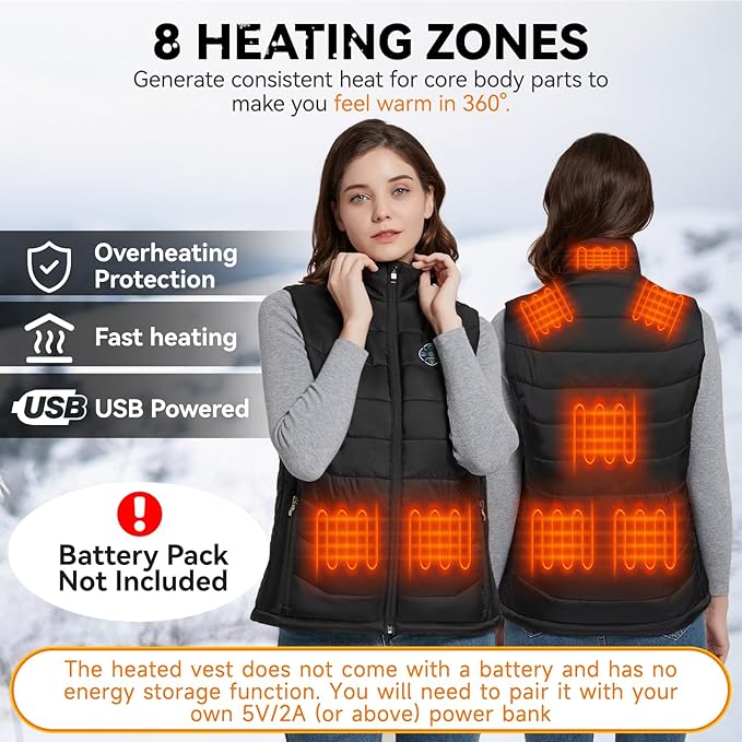 KOVNLO Heated Vest Women, (Battery Pack Not Included) Smart Controller With Lights-out, Electric Warming Heated Jackets