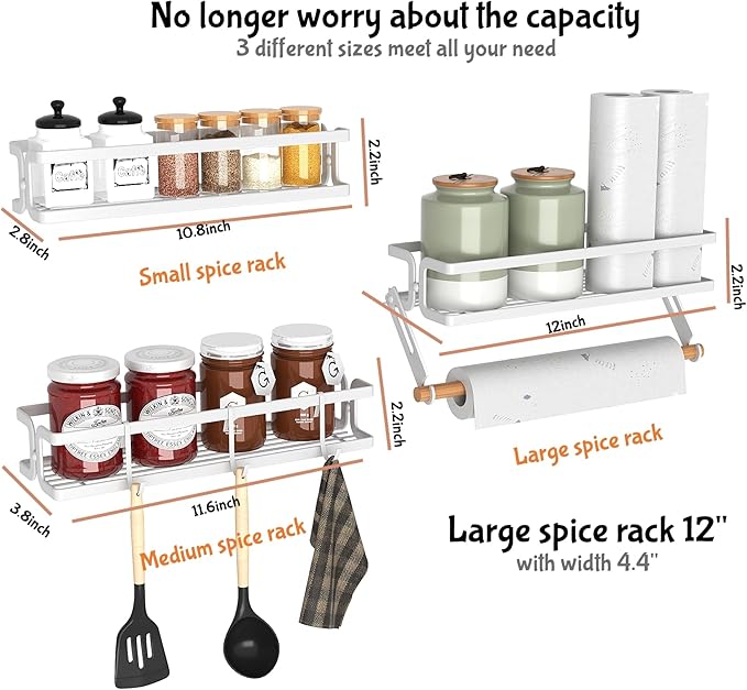 3 Pack Wall Mounted White Spice Rack With Paper Towel Holder and Hooks, Space Saving Adhesive Hanging Spice Rack for Spice Jars and Seasonings,Spice Racks Organizer for Cabinet,Pantry Door