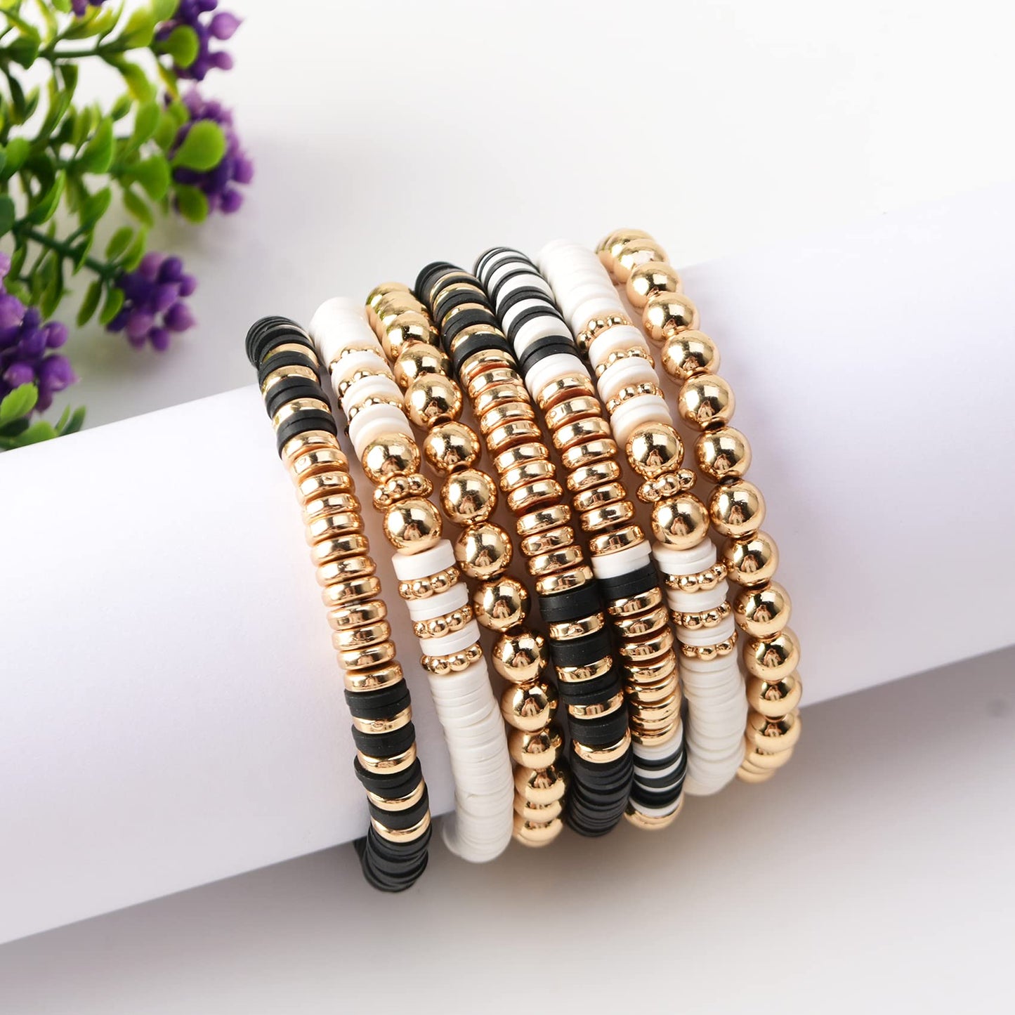 GOOJIDS Black Surfer Heishi Clay Bead Bracelets for Women Bohemian Stackable Gold Plated Beaded Stretch Bracelets Elastic Layering Friendship Bracelets Set Jewelry Gift