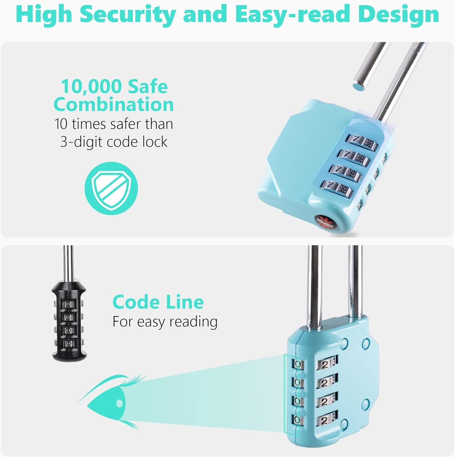 CL21AS 2.6 Inch Long Shackle Combination Lock, 4 Digit Combination Padlock Set Your own Combination for Gym Locker Lock, School, Gates, Doors, Toolbox, Hasps and Storage (Aqua Sky (L) *1)
