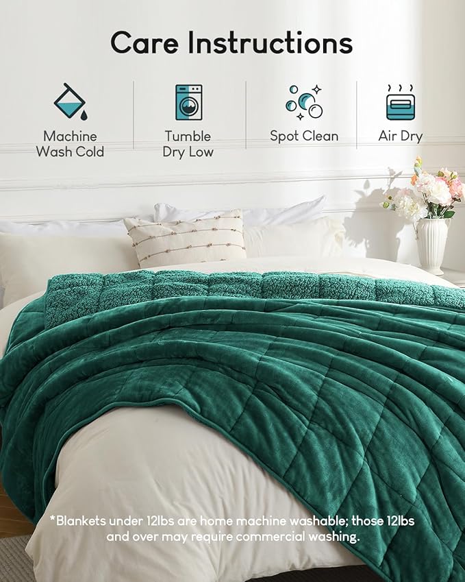 Cottonblue Weighted Blanket 15lbs for Queen Ded - Ultra Soft, Cozy Comfort Sherpa Blanket for Relax and Sleep, Heavy Bed Blankets with Cemaric Beads, 60x80 Inches,Green