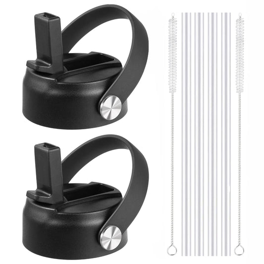 KMN Wide Mouth Straw Lid with Flip Top, Replacement Cap with Straw for Hydro Flask 18 32 40 oz Wide Mouth Water Bottle & 12 16 20 oz Coffee Flask, BPA-Free Leakproof Sports Lid (Black-2 Pack)