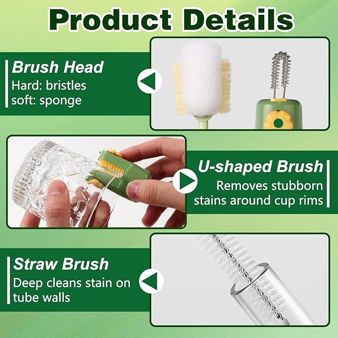 5 in 1 Bottle Cleaning Brush Set, 2026 New Multifunctional Lid Brush Cleaning Tool Kitchen, Cleaning Tool Kitchen, Portable Long Handle Bottles Scrubber for Cup Lids(Green and White)