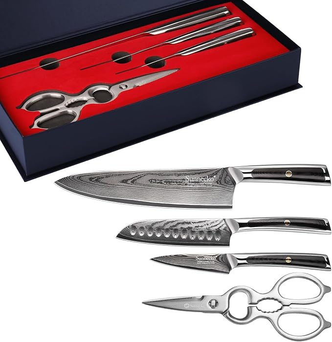 Sunnecko Damascus Kitchen Knife Set 4 Piece, Sharp Chef Knife Set with Kitchen Scissors, Professional Kitchen Knives Sets Full Tang with Gift Box