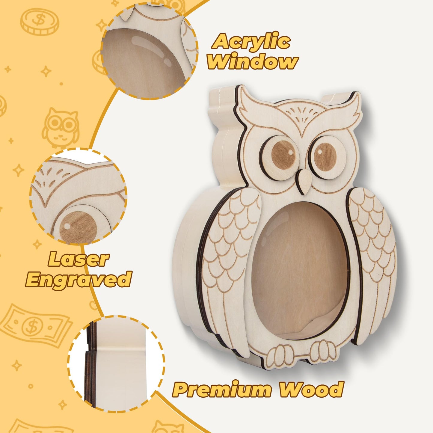 Owl Piggy Bank for Kids, Paint Your Own DIY Owl Bank with Clear Window, Wooden Savings Box for Coins and Bills, Room Decor Gift