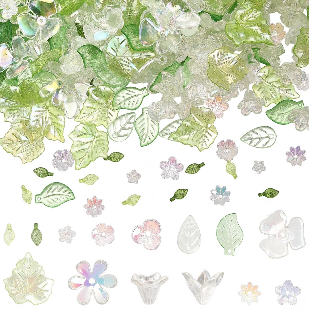 SUNNYCLUE 1 Box 460Pcs Transparent Acrylic Flower Beads Green Leaves Beads Kit Plastic Pink White Assorted Spring Cherries Blossom Caps Loose Spacer for Jewelry Making Necklace Charms Craft Supplies