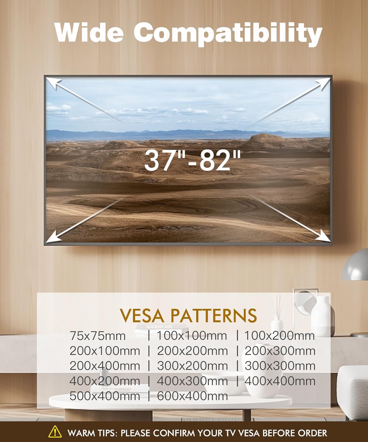 TV Wall Mount for Most 37-82 Inch, Low Profile Tilt Wall Mount TV Bracket for Flat/Curved TVs with Max VESA 600x400mm, Fits 16"-24" Studs Up to 132 lbs, Black