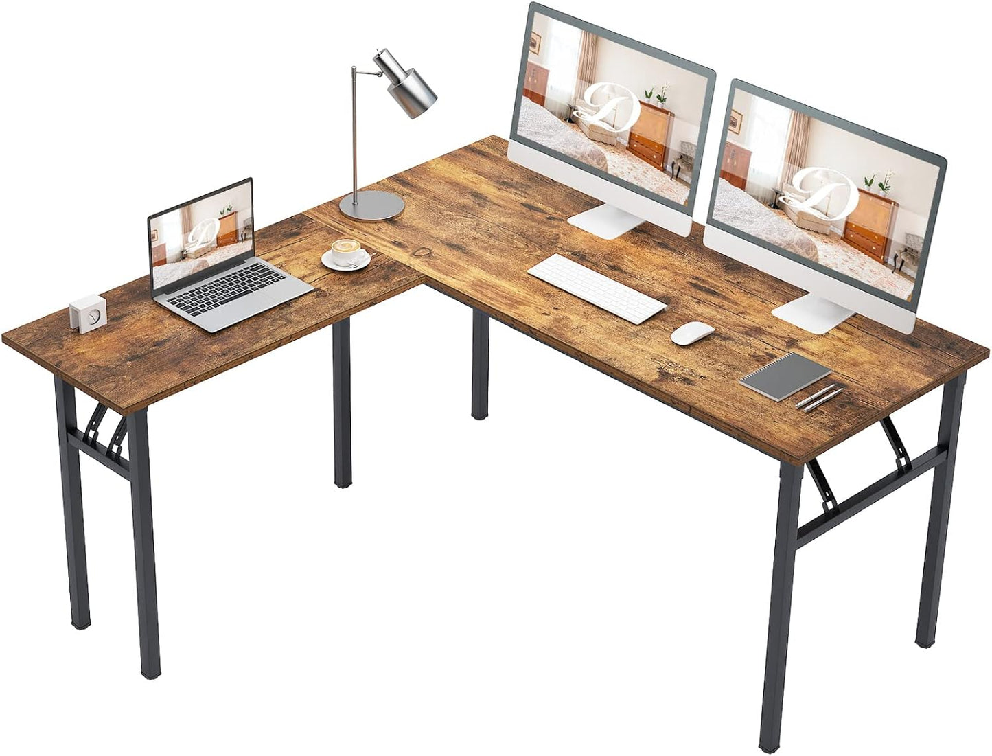 DlandHome Reversible L-Shaped Desk Large Corner Desk Folding Table Computer Desk Home Office Table Computer Workstation,Retro-N
