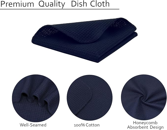 PurpleEssences Dish Cloths and Dish Rags - 6 Pack Waffle Weave Solid Kitchen Dish Wash Cloths, 100% Cotton, 12 x 12 Inches, Ultra Soft Absorbent Quick Drying - Christmas Holiday Winter - Navy Blue