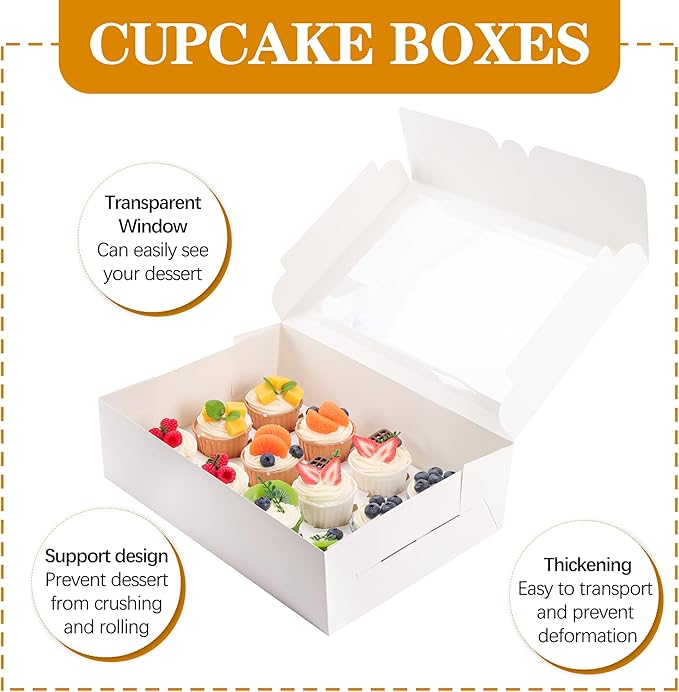 YunKo 15 Pack Dozen Cupcake Boxes White Cupcake Containers with Window Fit 12 Cupcakes or Muffins