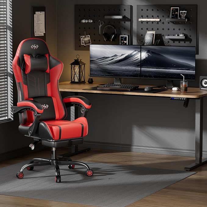 HLDIRECT Gaming Chair, Ergonomic Video Game Seat with 360° Swivel & Lumbar Massage, Computer Chair PU Leather Cushion for Adults Home/Office Use (Black & Red)