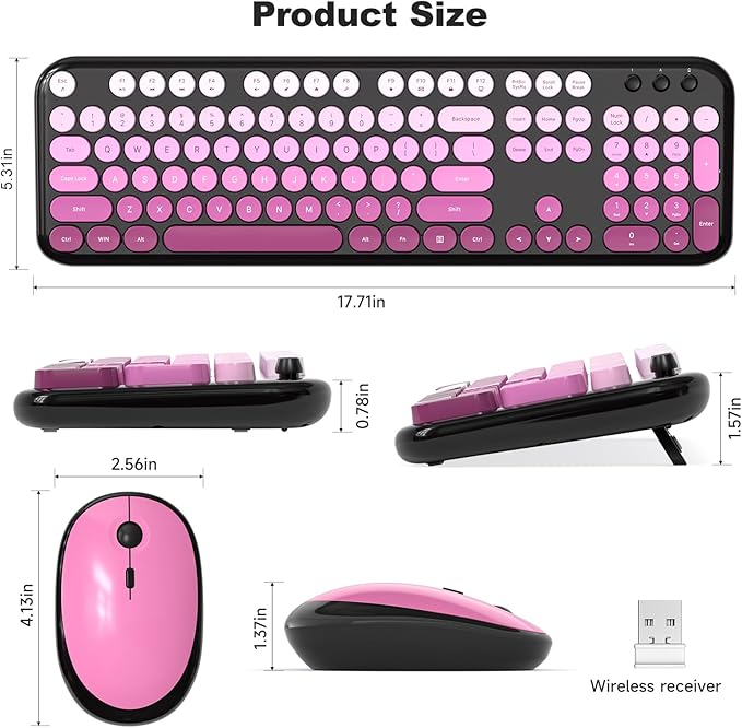 Wireless Keyboard and Mouse Combo, 104 Keys Full Size Typewriter Keyboards, 2.4G USB Plug and Play for Windows 7 8 10 11, PC, Laptop, Desktop, Black & Pink