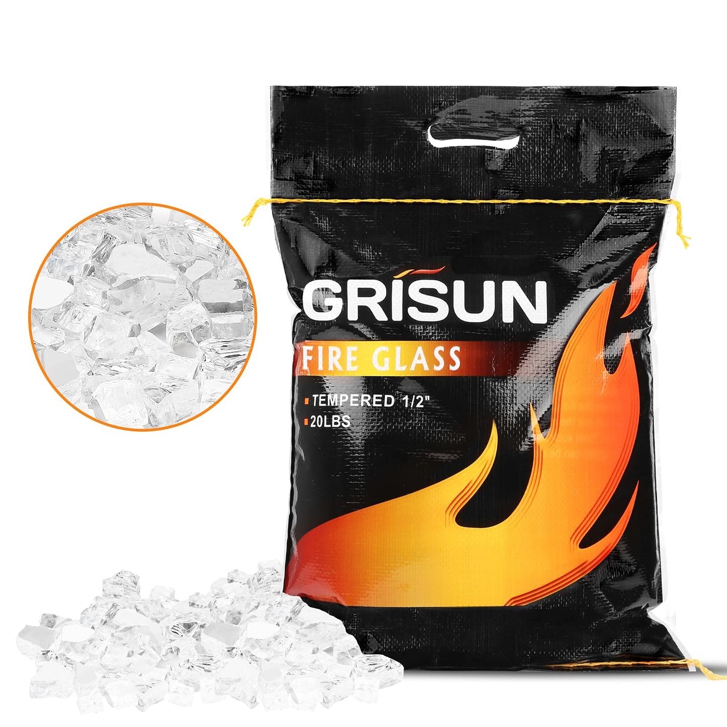 GRISUN 20 Pounds White Fire Pit Glass - 1/2 Inch Reflective Tempered Fire Glass Rocks for Natural or Propane Fireplace, Safe for Outdoors and Indoors Firepit, High Luster