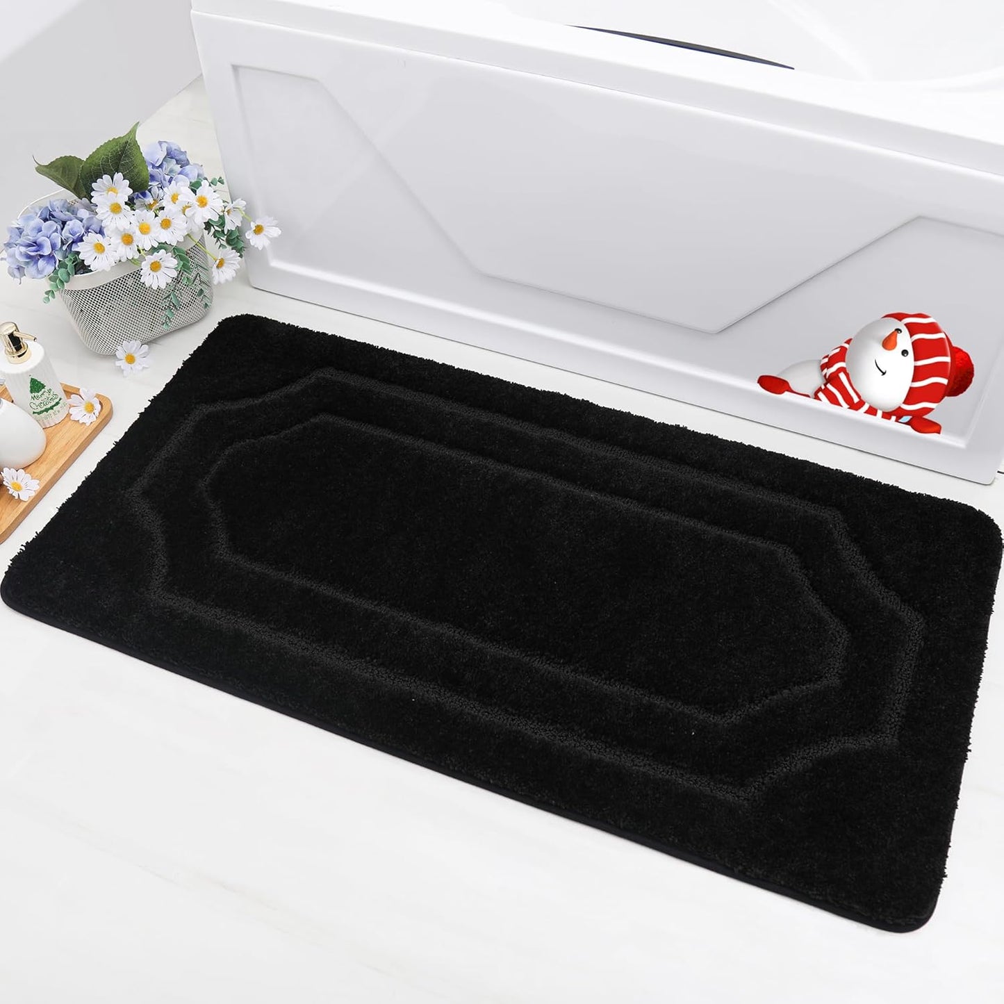 BEQHAUSE Non-Slip Bath Mat - Soft, Absorbent Polyester Microfiber Black Shaggy Shower Mat for Bathtub and Sink, 24" x 48'