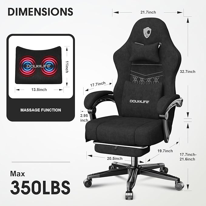Gaming Chair, Fabric Computer Office Chair with Massage, Ergonomic Chair with Footrest Lumbar Support, Pocket Spring Widened Cushion Metal Legs 350LBS Black
