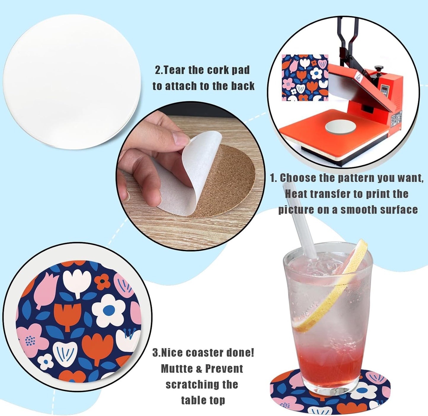 Sublimation Ceramic Coasters Blanks Bulk Round Drinks Coffee Cup Beverage Table Coaster, Absorbent Ceramic Coaster Set, Heat Transfer Cup Coasters for Home Decor with Cork Backing Pads (2PCS)