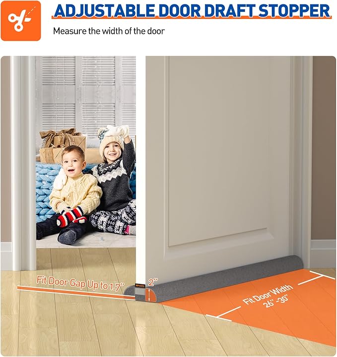 MAGZO Door Draft Stopper, 30 Inch Adjustable Under Door Gap Filler, Fits 26'' - 30'' Bottom Widths, Seals Gaps up to 1.7", Soundproof Sweep Blocks Air, Noise, Light, Dust- Grey